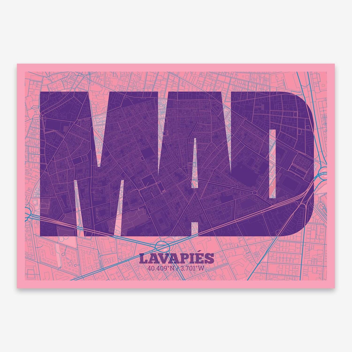 The map of Lavapies composed with letters in a heavy geometric font printed on violet y pink background