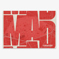 The map of Lavapies, Madrid, in Inseparable design, featuring the city's abbreviation in expressive typography over a detailed urban map designed in red and an off-white background