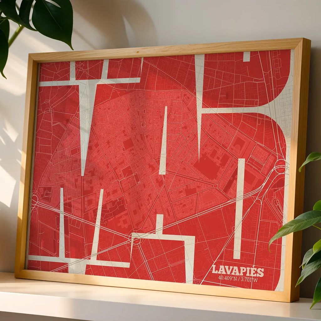 Modern interior design with a Lavapies, Madrid, in Inseparable design, featuring the city's abbreviation in expressive typography over a detailed urban map designed in red and an off-white background, displayed on a living room wall