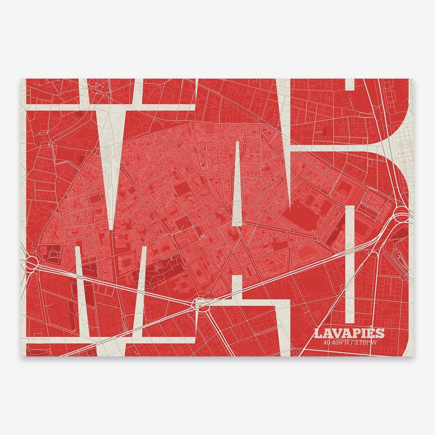 The map of Lavapies composed with letters from its name or IATA code printed on red and an off-white background