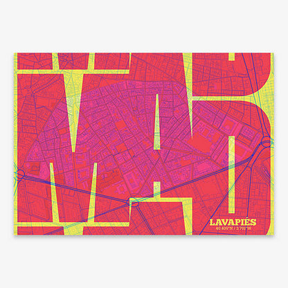 Poster of Madrid composed with letters from its abbreviation or its airport IATA code printed on yellow and fuchsia
