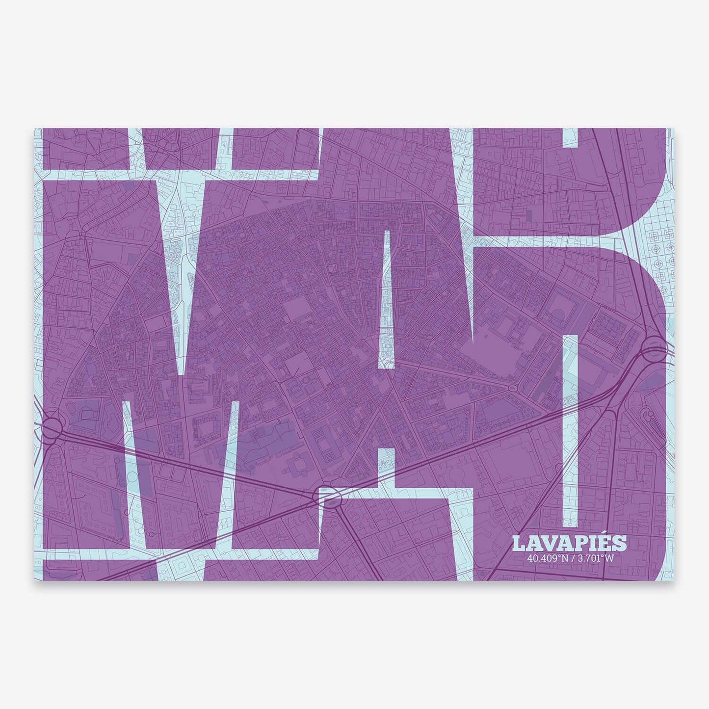 The map of Lavapies composed with letters from its name or IATA code printed on yellow and fuchsia