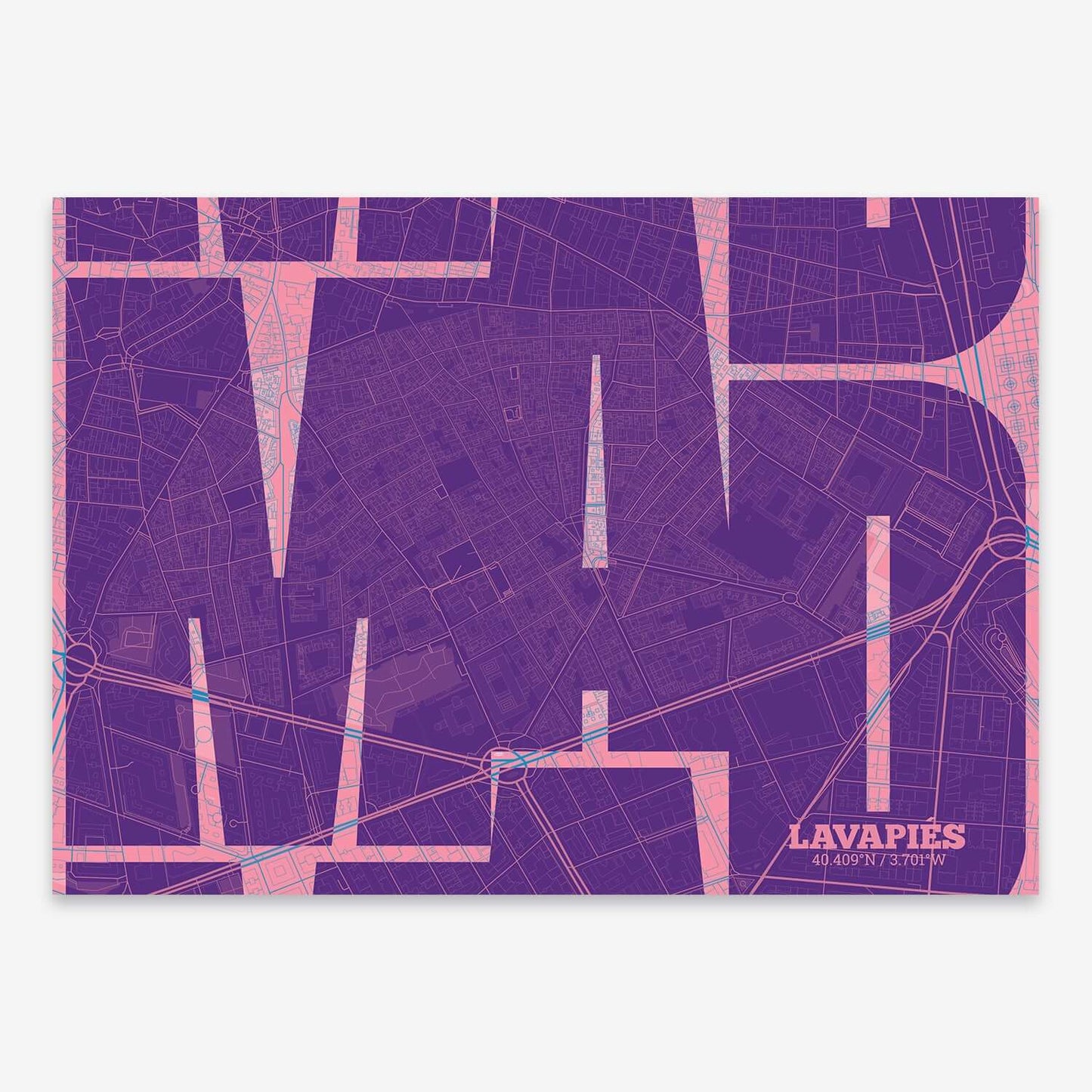 The map of Lavapies composed with letters from its name or IATA code printed on purple and light blue