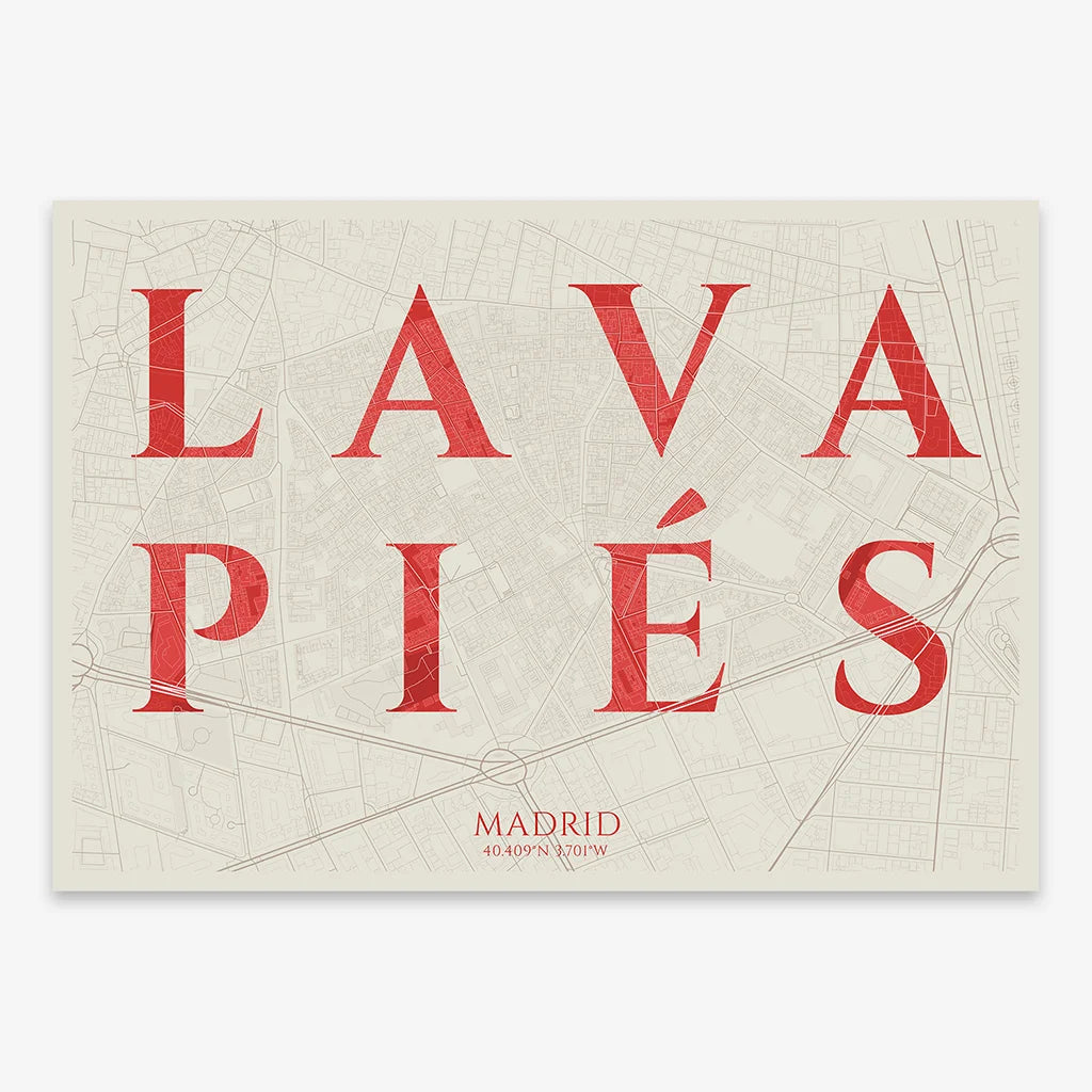 Decorative map of Madrid composed with letters in serif font printed on red and an off-white background