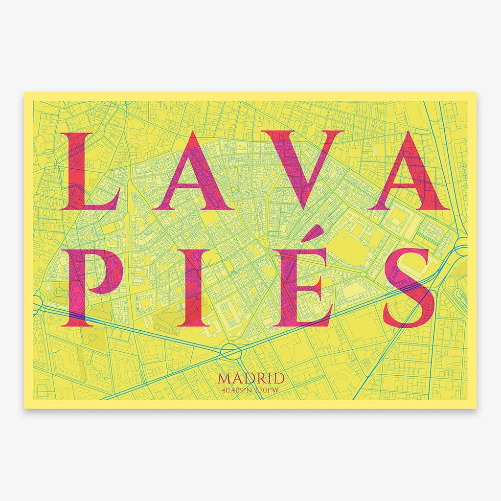 Decorative map of Madrid composed with letters in serif font printed on yellow and fuchsia