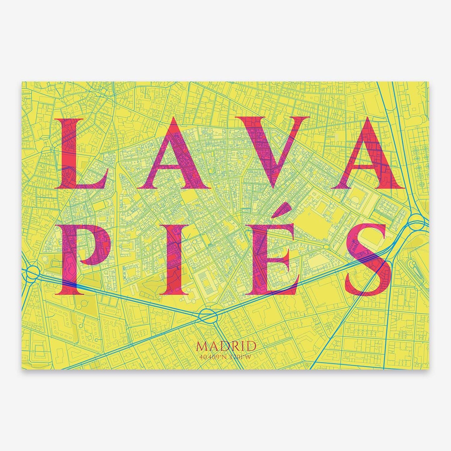 The map of Lavapies composed with letters in serif font printed on violet y pink background