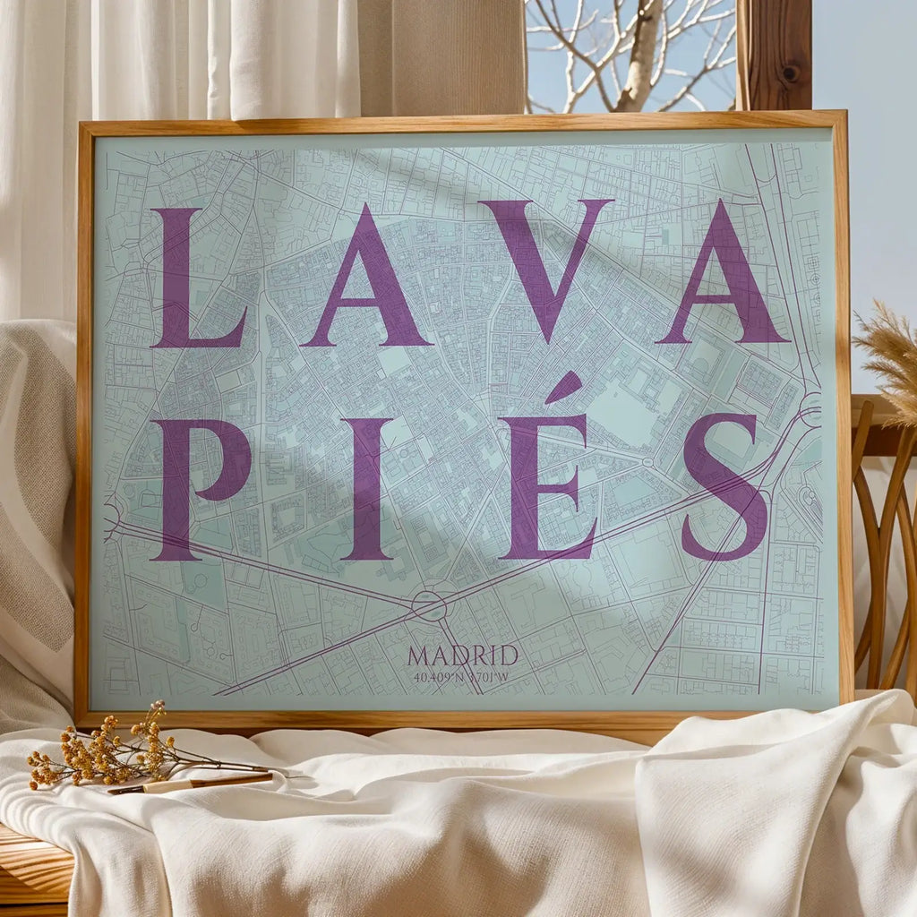 Modern interior design with a Lavapies, Madrid, in Classic design, inspired by chiseled typography with an elegant font that creates a beautiful visual contrast designed in purple and light blue, displayed on a living room wall