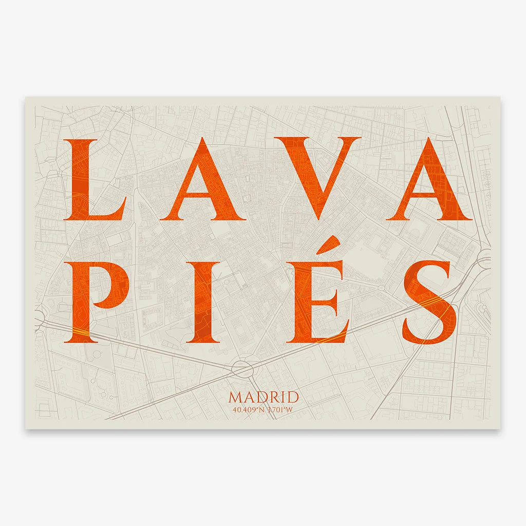 Decorative map of Madrid composed with letters in serif font printed on orange and an off-white background