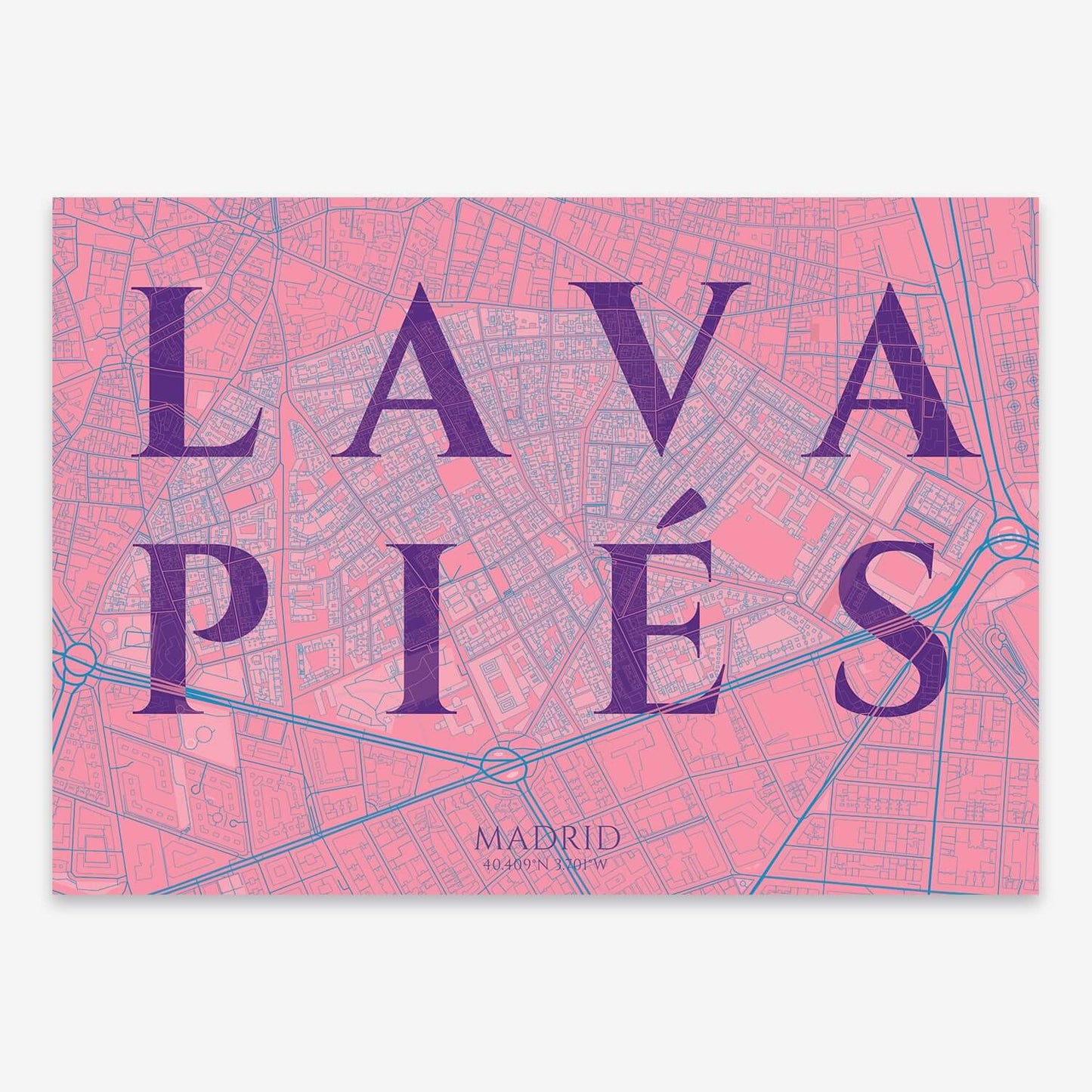 The map of Lavapies composed with letters in serif font printed on purple and light blue