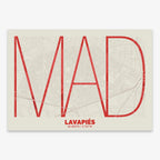 Poster of Madrid composed with letters in extra light font printed on red and an off-white background