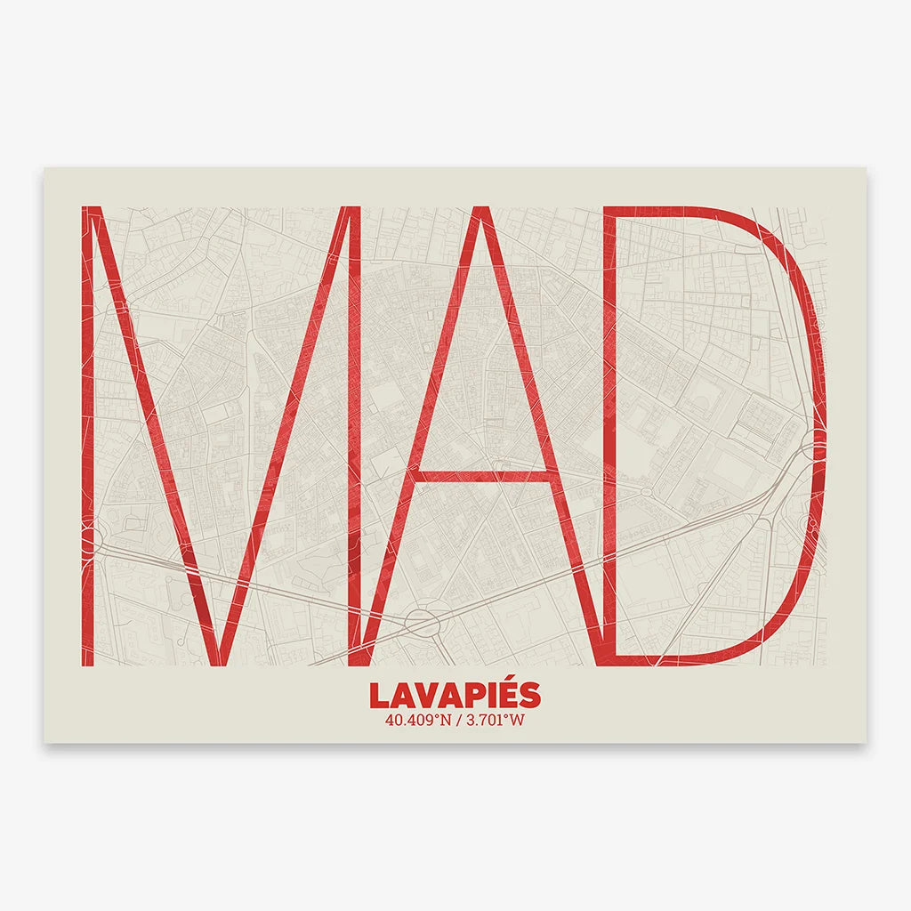 Poster of Madrid composed with letters in extra light font printed on red and an off-white background