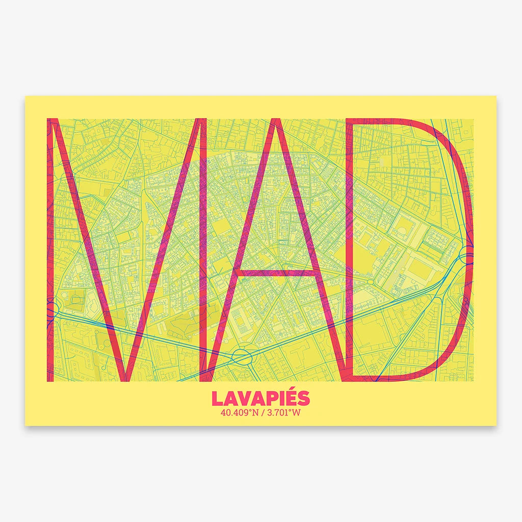 Poster of Madrid composed with letters in extra light font printed on yellow and fuchsia