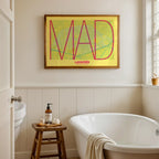 Modern interior design with a Lavapies, Madrid, in Ultralight design, a minimalist aesthetic combining urban cartography with modern, extra-thin elegant lettering designed in yellow and fuchsia, displayed on a living room wall