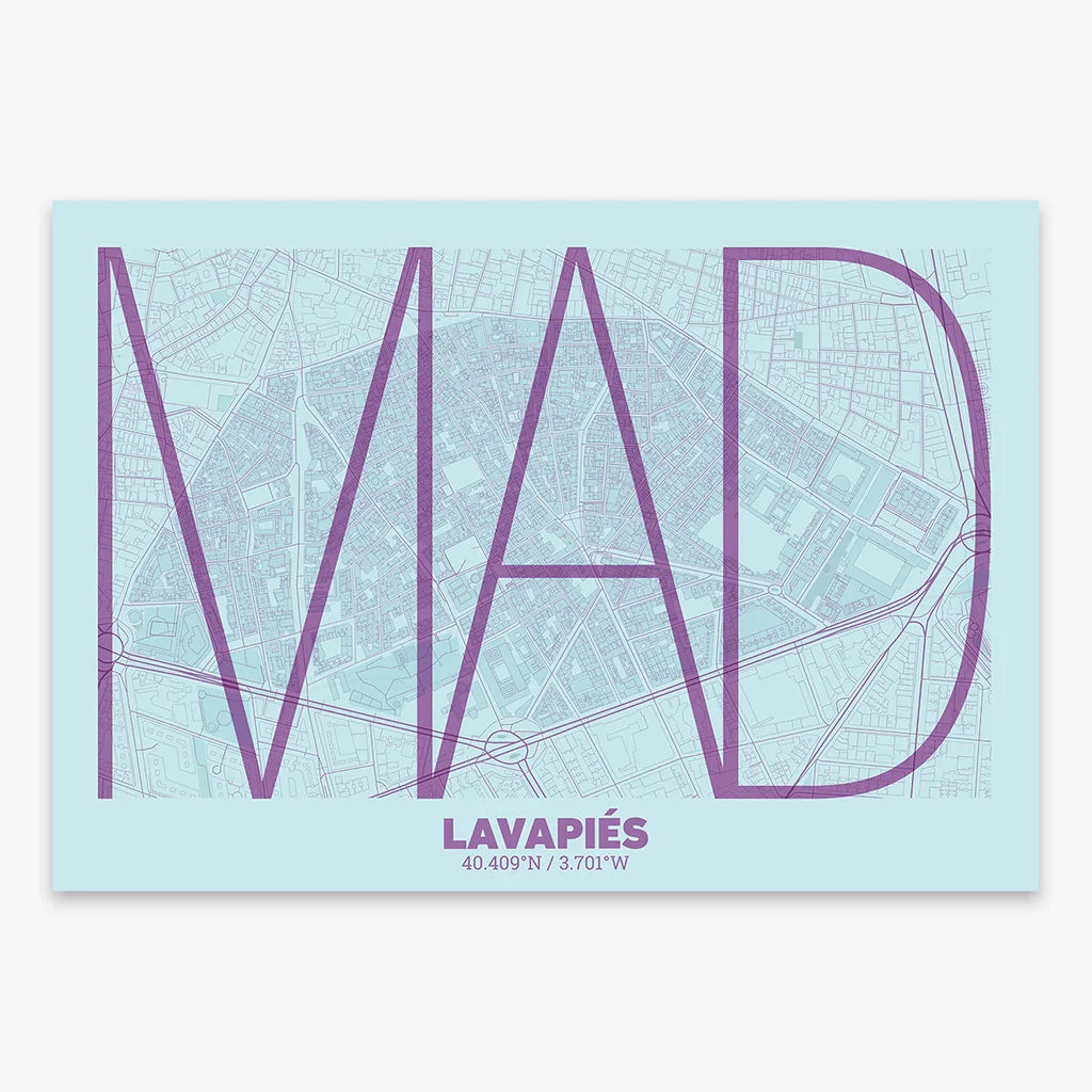 Poster of Madrid composed with letters in extra light font printed on purple and light blue
