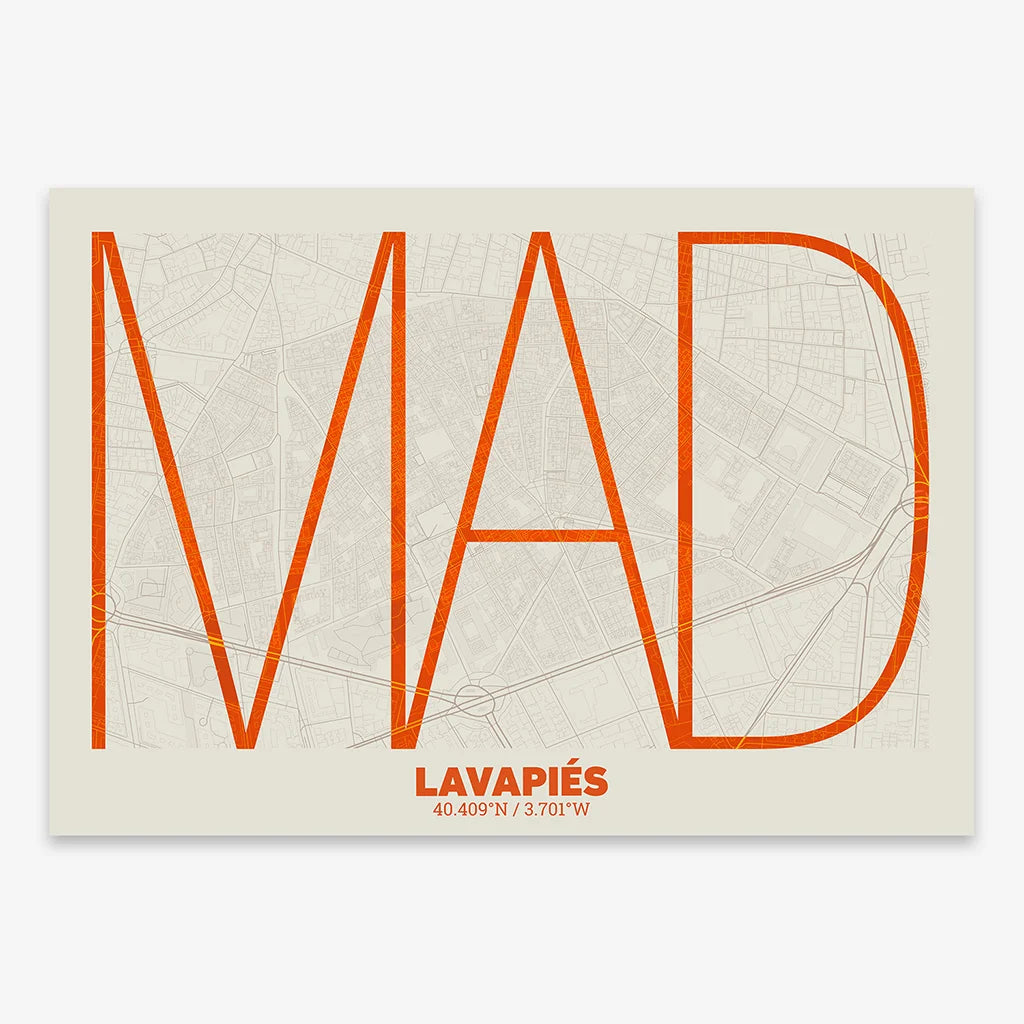 Poster of Madrid composed with letters in extra light font printed on orange and an off-white background