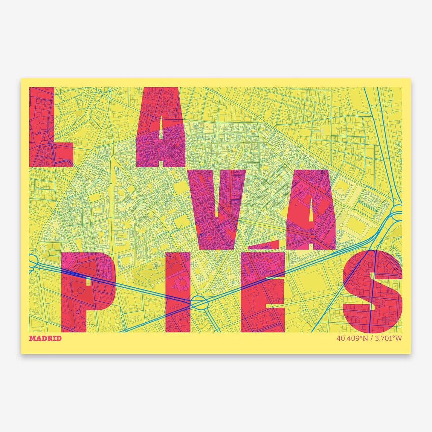 The map of Lavapies with letters of its name placed randomly, designed in yellow and fuchsia