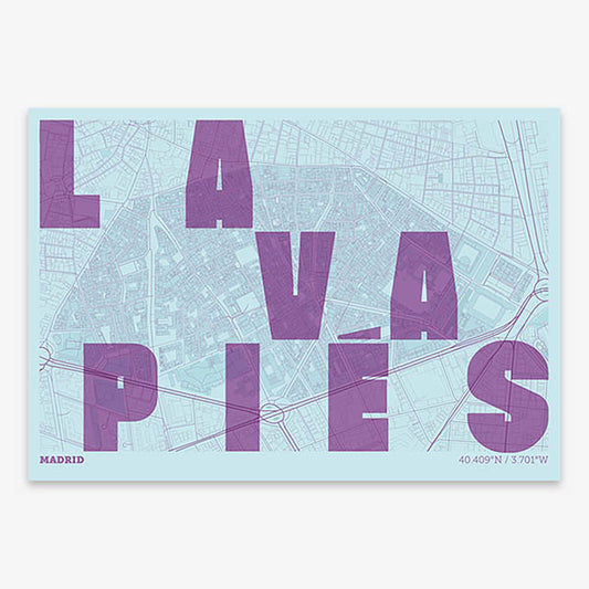 Decorative print of Madrid with letters of its name placed randomly, designed in purple and light blue