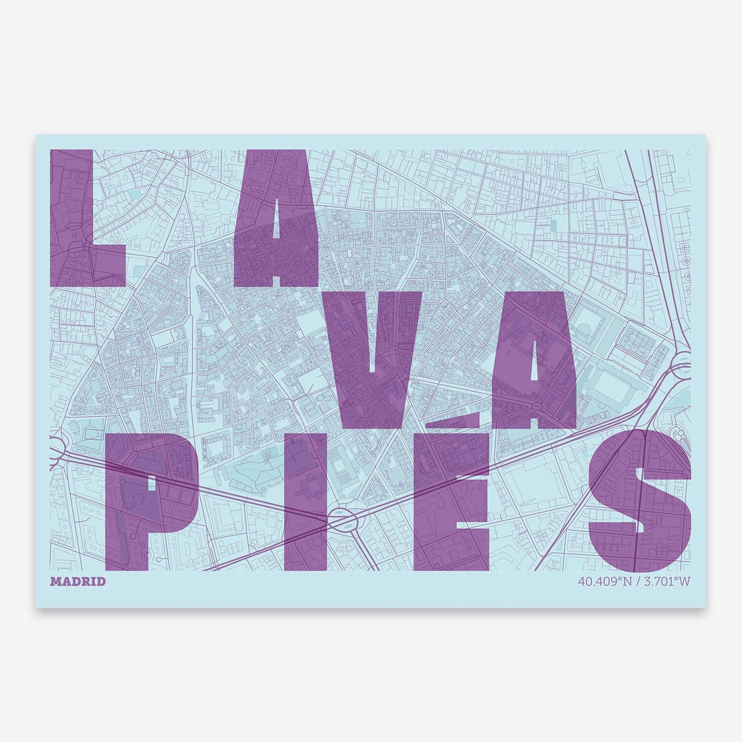 The map of Lavapies with letters of its name placed randomly, designed in purple and light blue