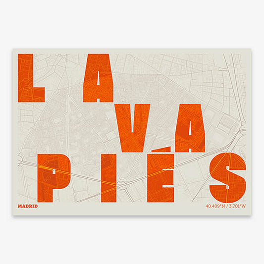Decorative print of Madrid with letters of its name placed randomly, designed in orange and an off-white background