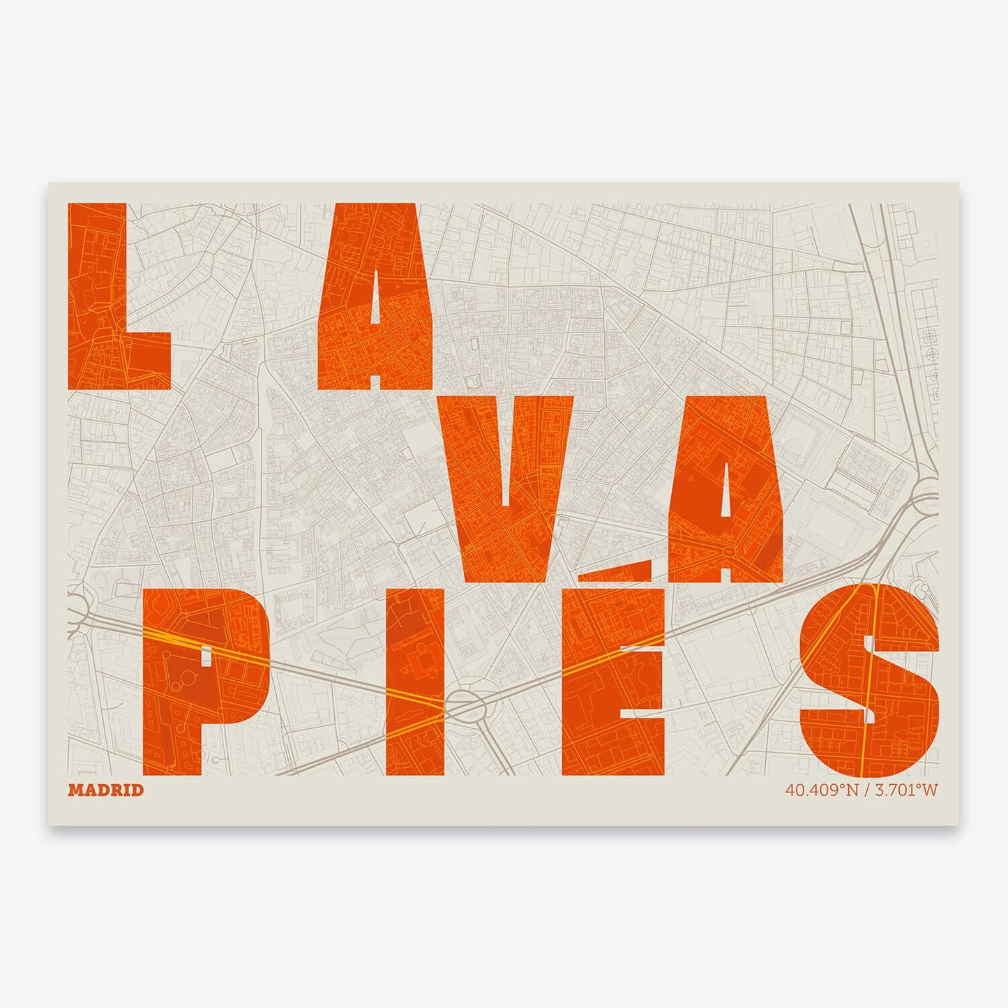 The map of Lavapies with letters of its name placed randomly, designed in orange and an off-white background