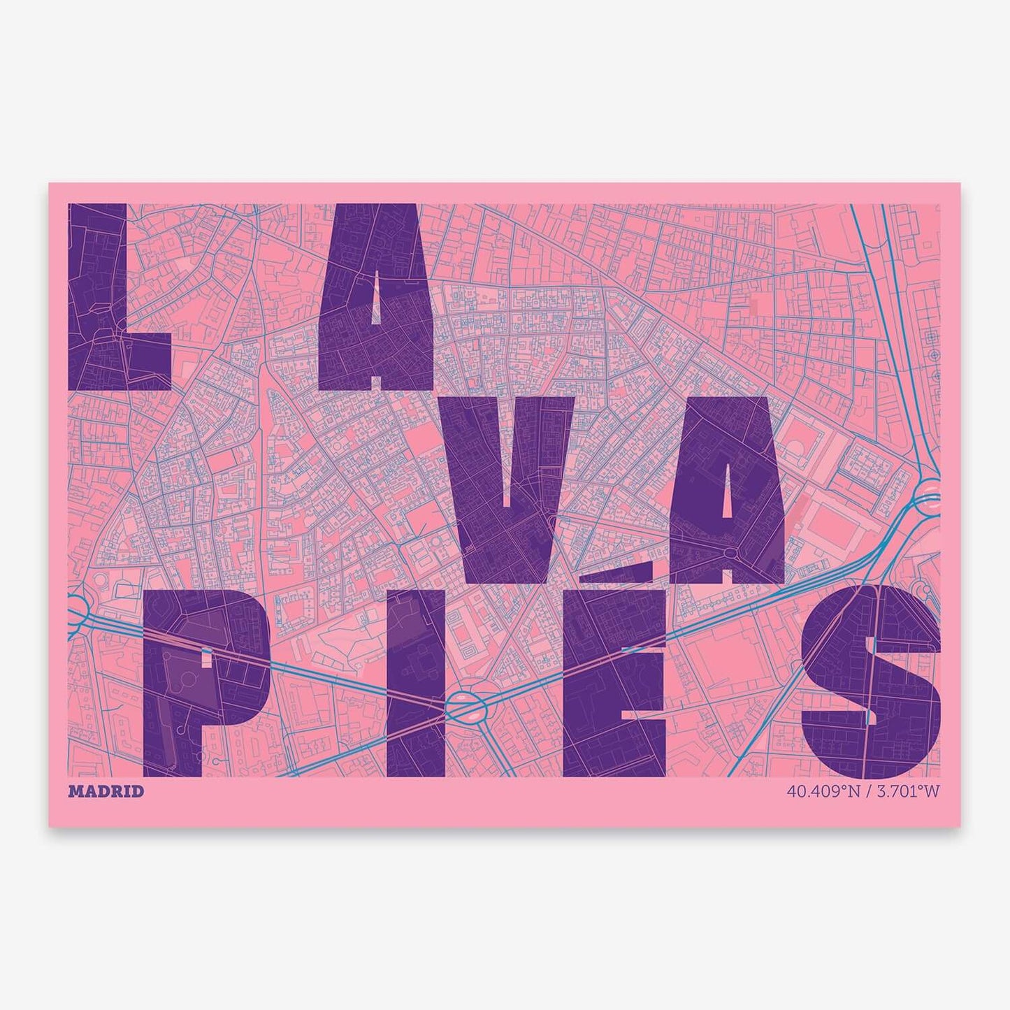 The map of Lavapies with letters of its name placed randomly, designed in violet y pink background