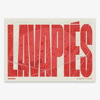 Decorative map of Madrid and letters of its name in a giclée print designed in red and an off-white background