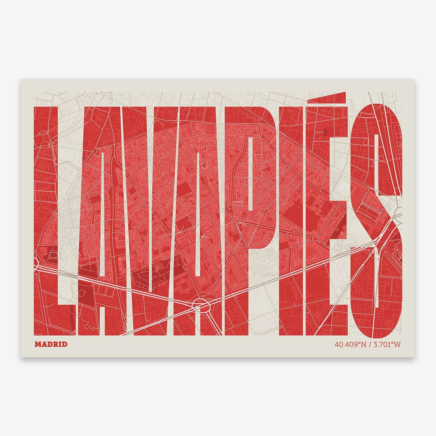 The map of Lavapies composed with letters in a heavy geometric font printed on red and an off-white background