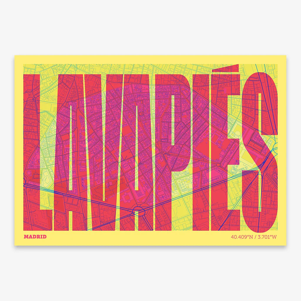 Decorative map of Madrid and letters of its name in a giclée print designed in yellow and fuchsia