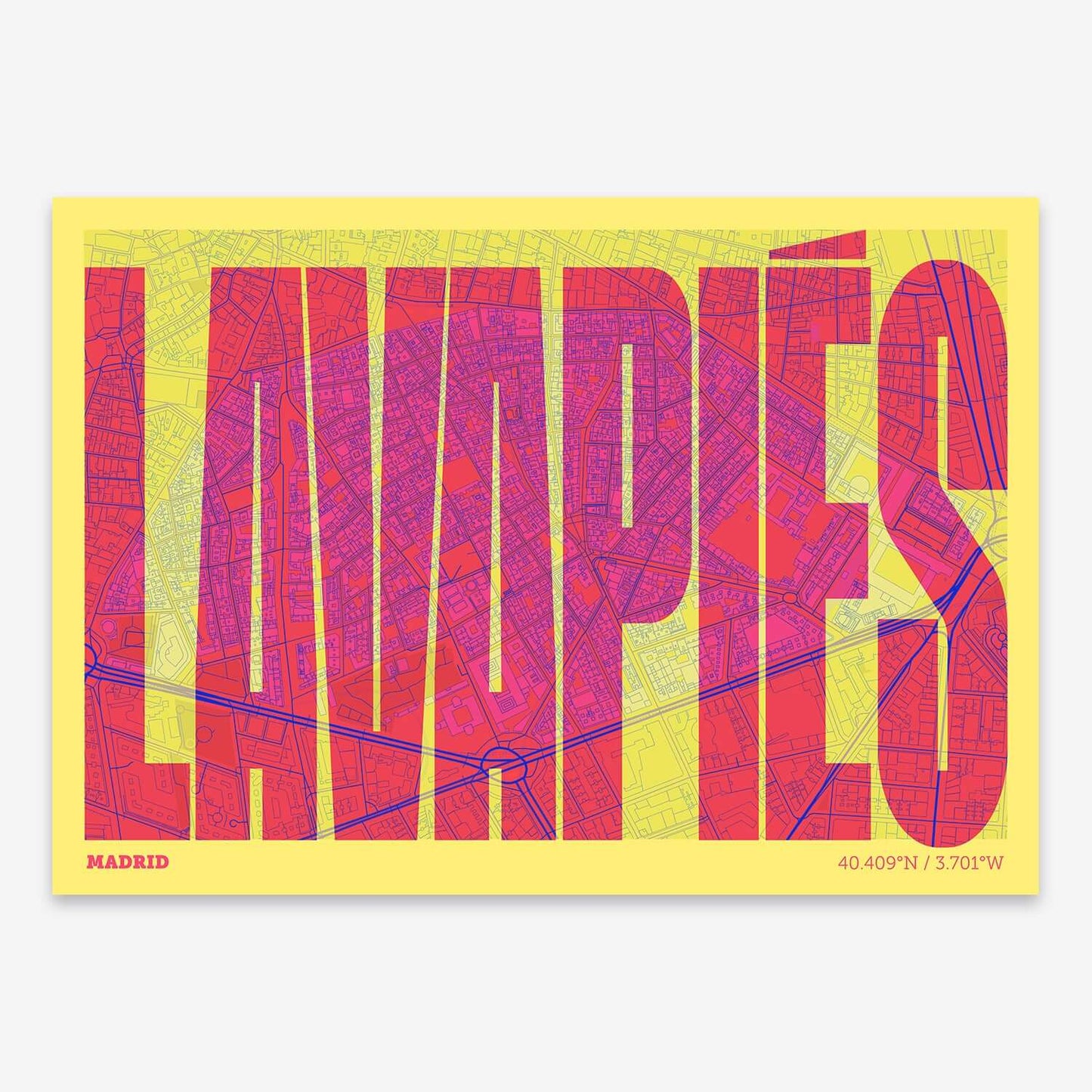 The map of Lavapies composed with letters in a heavy geometric font printed on yellow and fuchsia