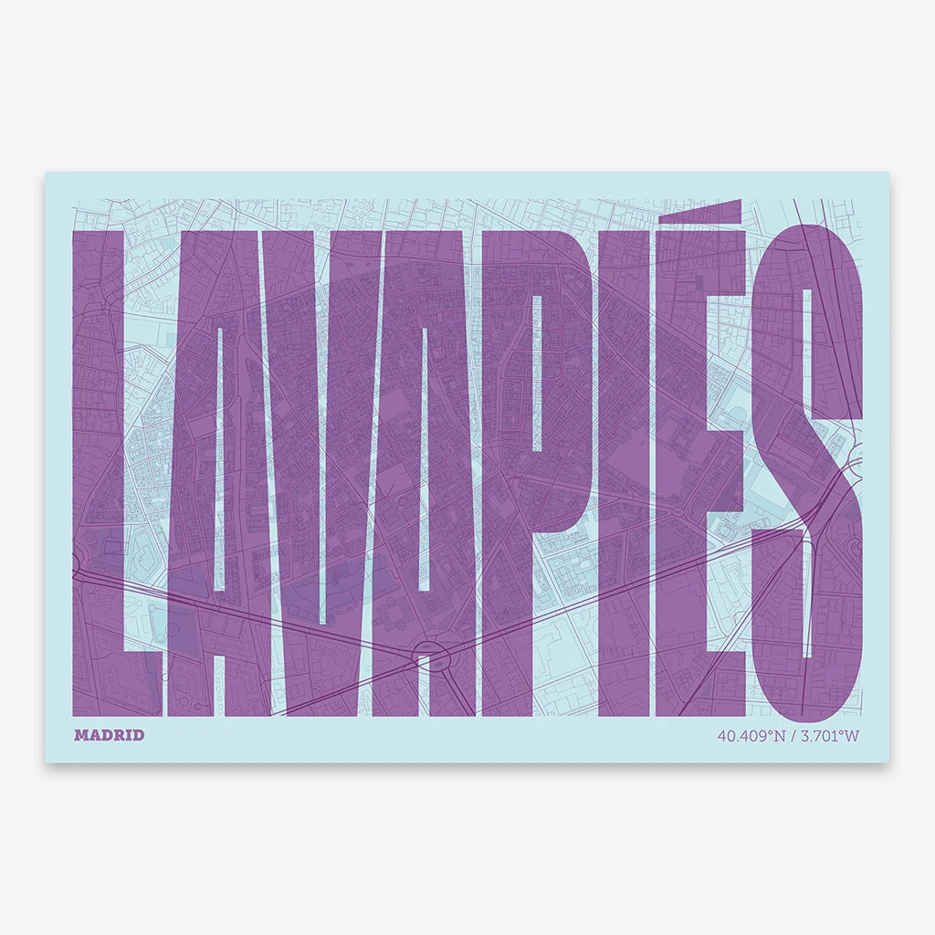 Decorative map of Madrid and letters of its name in a giclée print designed in purple and light blue