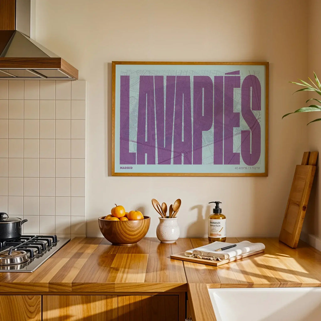 Modern interior design with a Lavapies, Madrid, in Extra Compressed design, where the letters are tightly squeezed to fit the city's map shape designed in purple and light blue, displayed on a living room wall