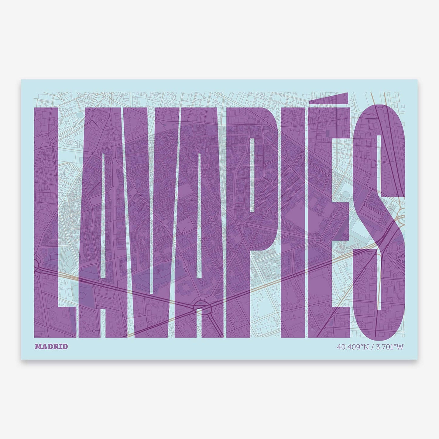 The map of Lavapies composed with letters in a heavy geometric font printed on purple and light blue