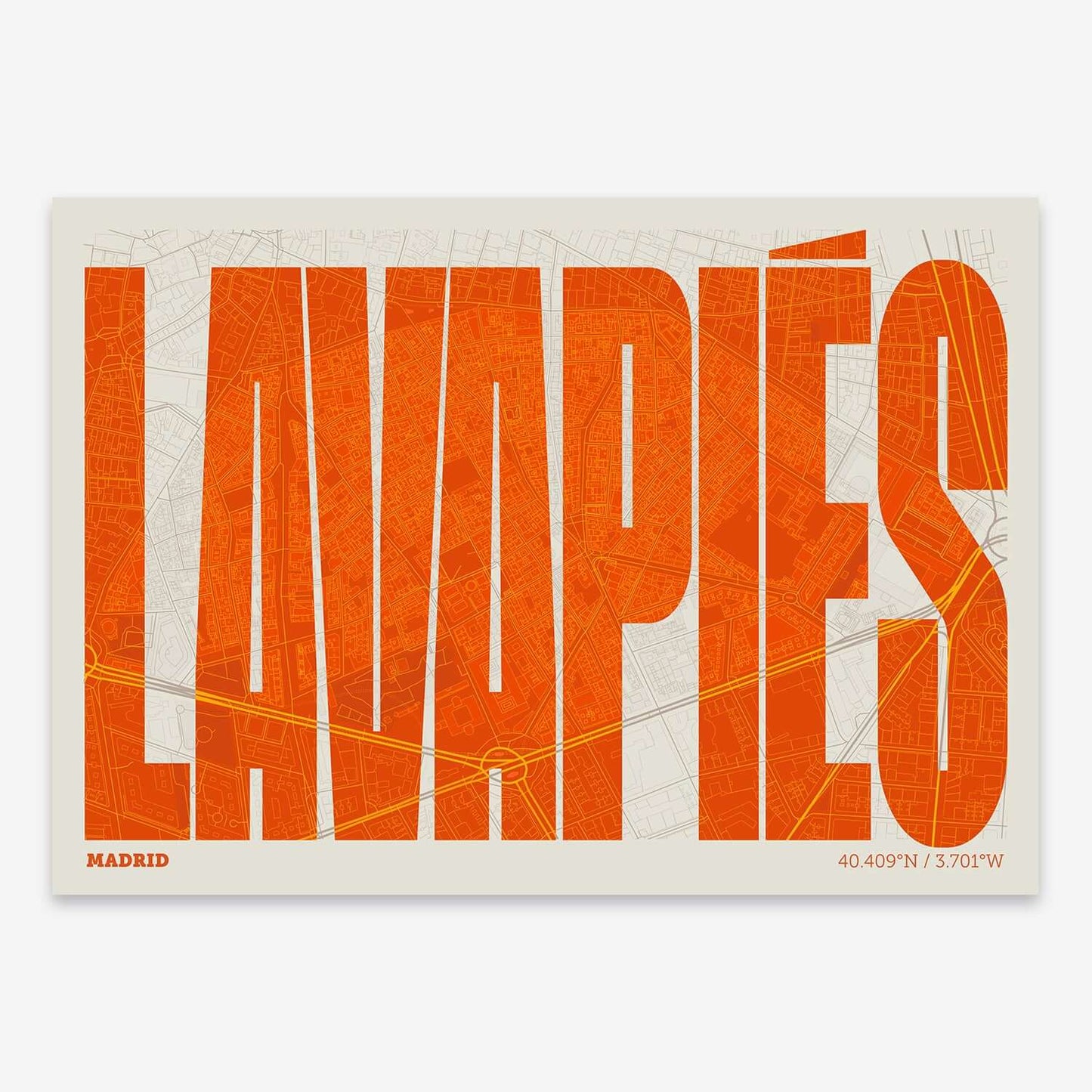 The map of Lavapies composed with letters in a heavy geometric font printed on orange and an off-white background