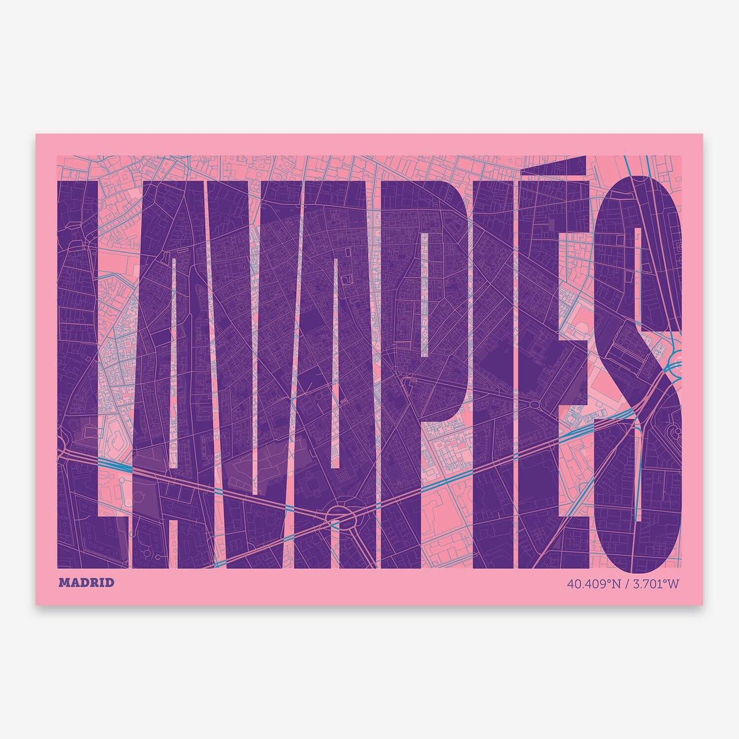 The map of Lavapies composed with letters in a heavy geometric font printed on violet y pink background