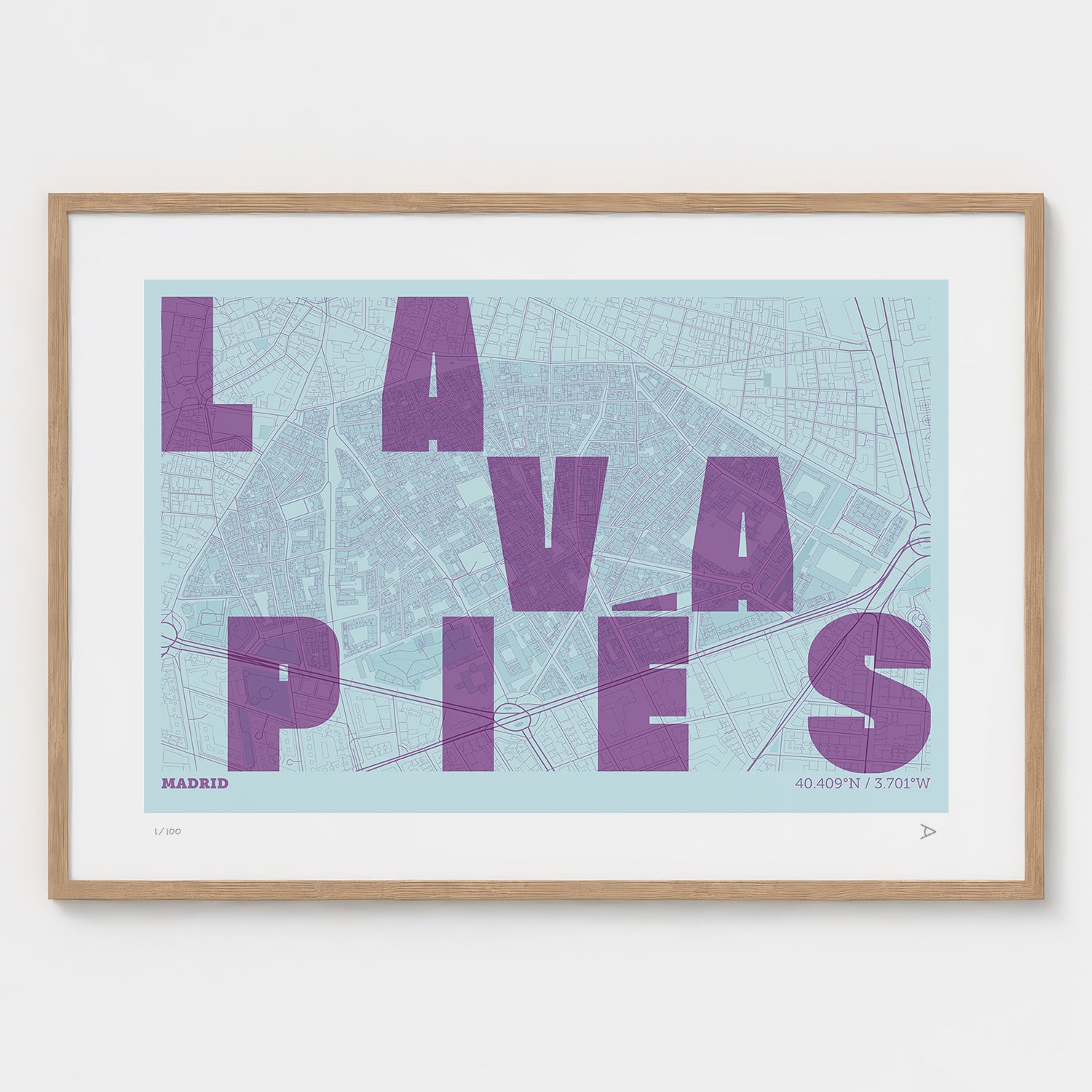 Lámina tipográfica de Lavapiés – diseño Revoltosa, marco de madera natural
