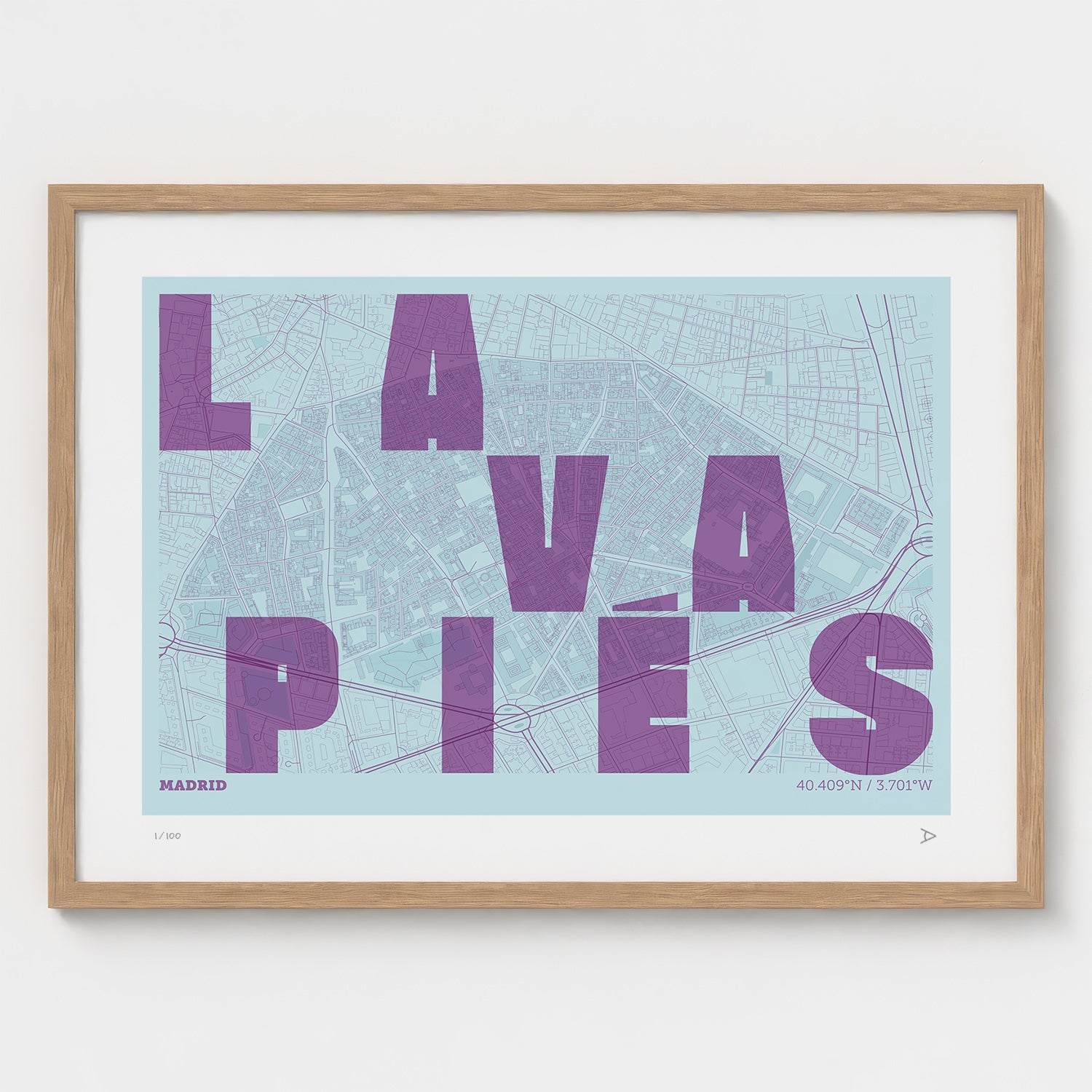 Lámina tipográfica de Lavapiés – diseño Revoltosa, marco de madera natural