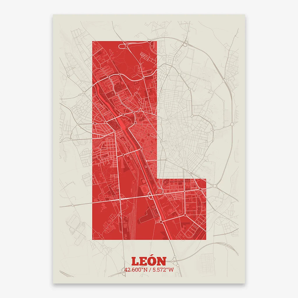 Decorative print of Leon composed with letters in a heavy geometric font printed on red and an off-white background