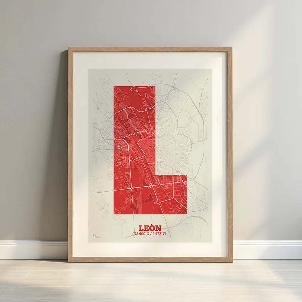 Framed Leon in Super Bold design, a typographic poster where the city map is overlaid with extra-thick lettering for a modern, high-impact look designed in red and an off-white background with a white margin border in a warm lit minimalist setting