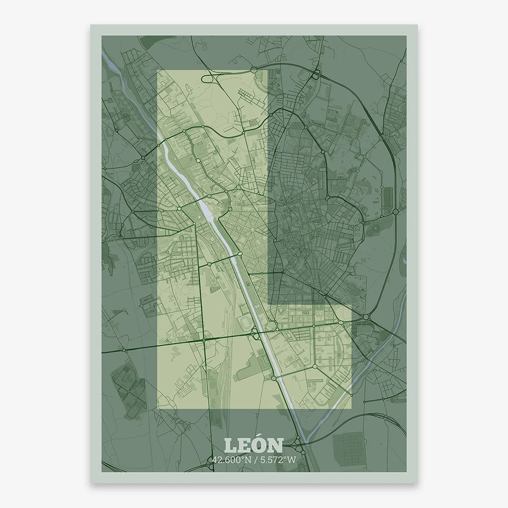 Decorative print of Leon composed with letters in a heavy geometric font printed on two green tones