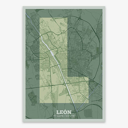 Decorative print of Leon composed with letters in a heavy geometric font printed on two green tones