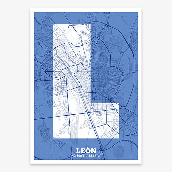 Decorative print of Leon composed with letters in a heavy geometric font printed on navy blue and white