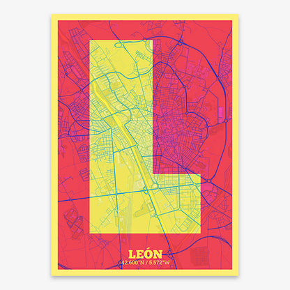 Decorative print of Leon composed with letters in a heavy geometric font printed on yellow and fuchsia