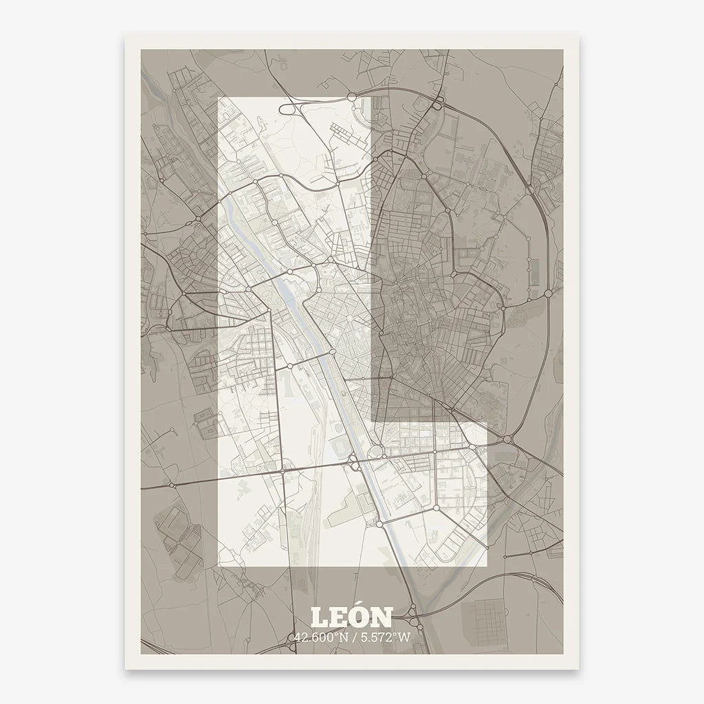 Decorative print of Leon composed with letters in a heavy geometric font printed on light brown and an off-white background