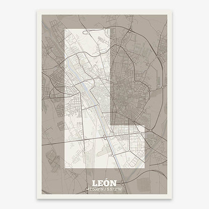 Decorative print of Leon composed with letters in a heavy geometric font printed on light brown and an off-white background