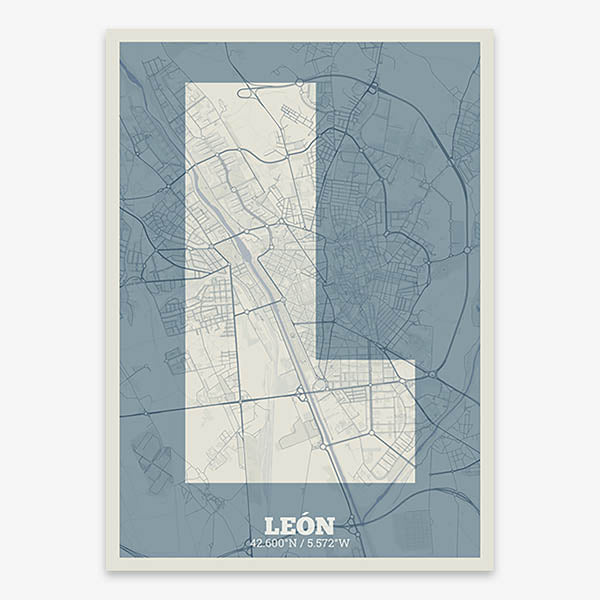 Decorative print of Leon composed with letters in a heavy geometric font printed on bluish gray and an off-white background