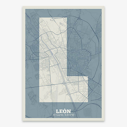 Decorative print of Leon composed with letters in a heavy geometric font printed on bluish gray and an off-white background