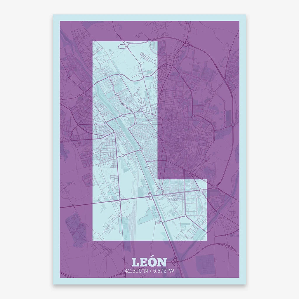 Decorative print of Leon composed with letters in a heavy geometric font printed on purple and light blue