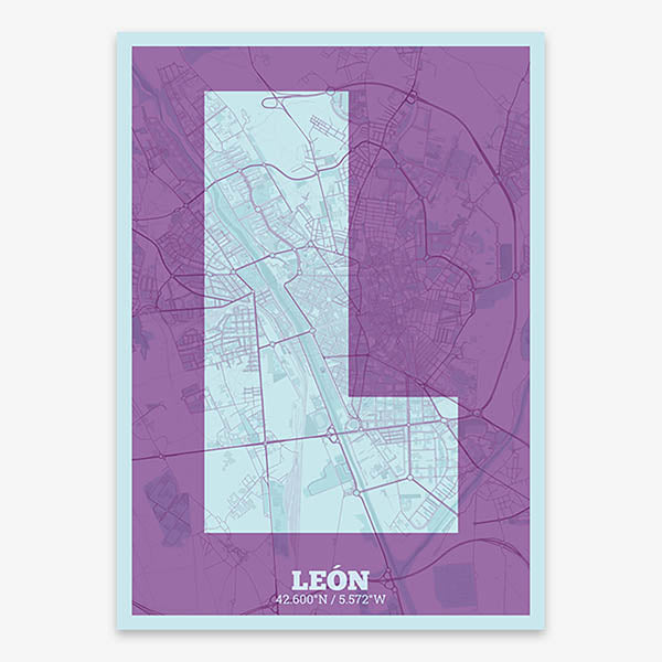 Decorative print of Leon composed with letters in a heavy geometric font printed on purple and light blue