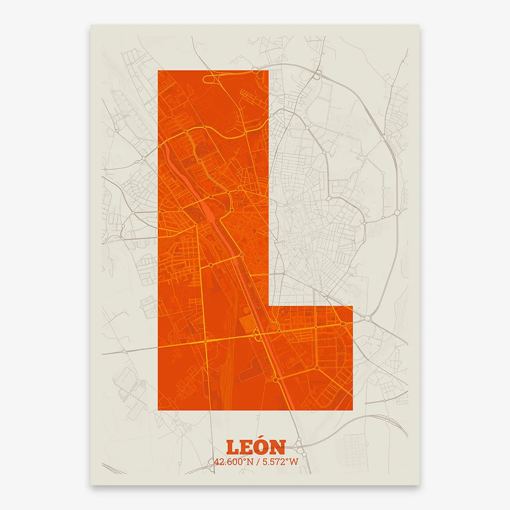 Decorative print of Leon composed with letters in a heavy geometric font printed on orange and an off-white background