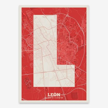 The map of Leon composed with letters in a heavy geometric font printed on red and an off-white background